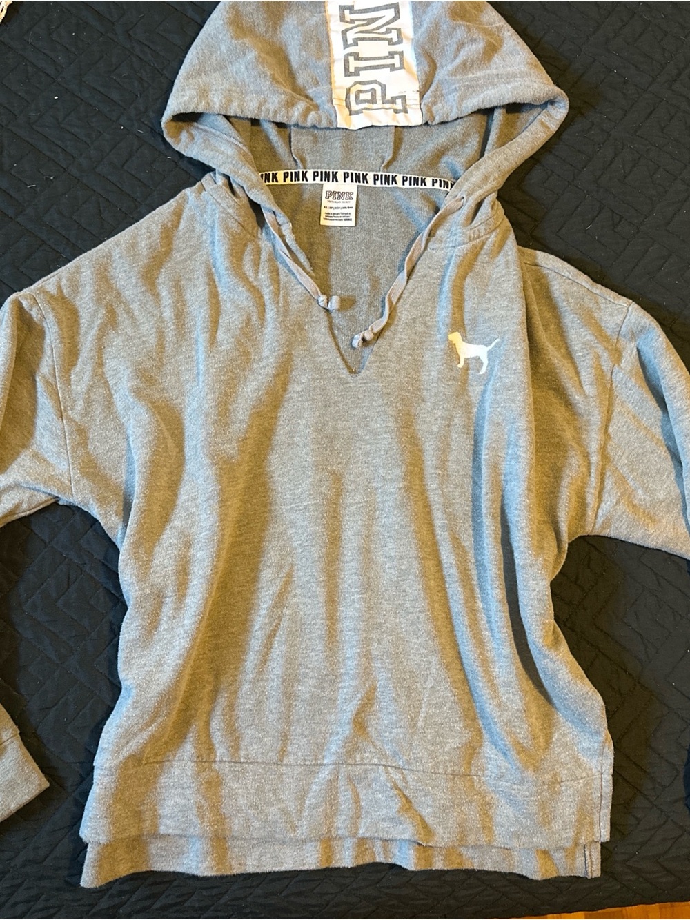 PINK Victoria's Secret Gray Hooded Sweatshirt with White Dog Logo